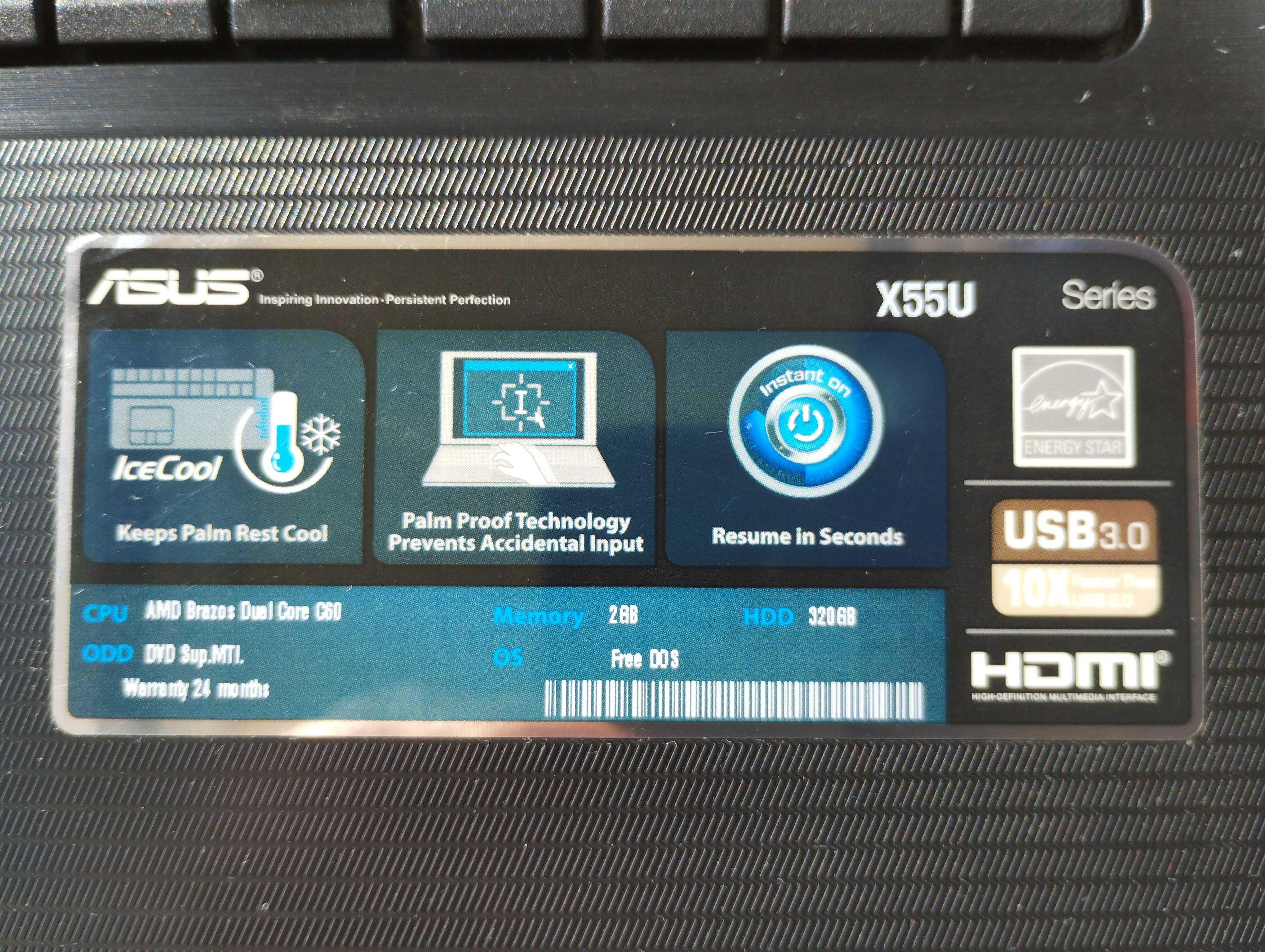 Лаптоп ASUS X55U 15.6 инча, 2012 г CPU AMD C-60, SSD, 4GB DDR3, USB3.0