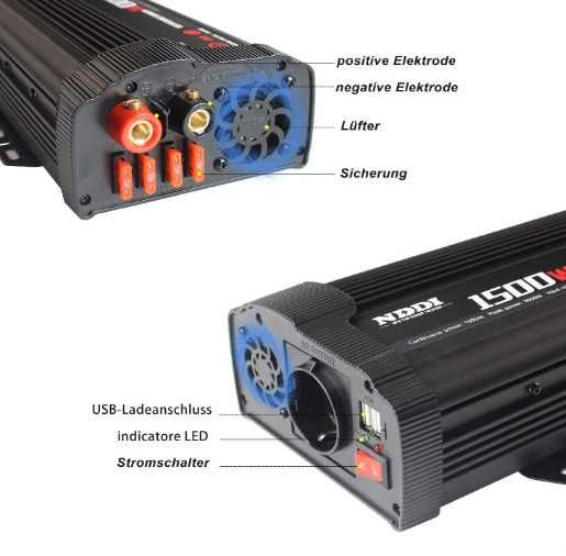 Инвертор NDDI POWER 1500 W преобразувател на напрежение 12 V към 230 V