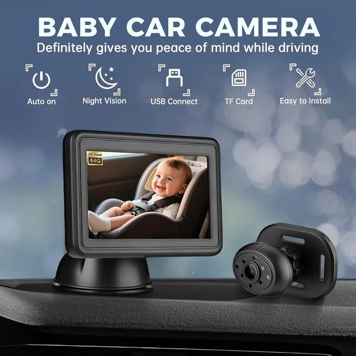Бебешка автомобилна камера GEARCELL HD 1080P, 64GB карта, 4.3" дисплей