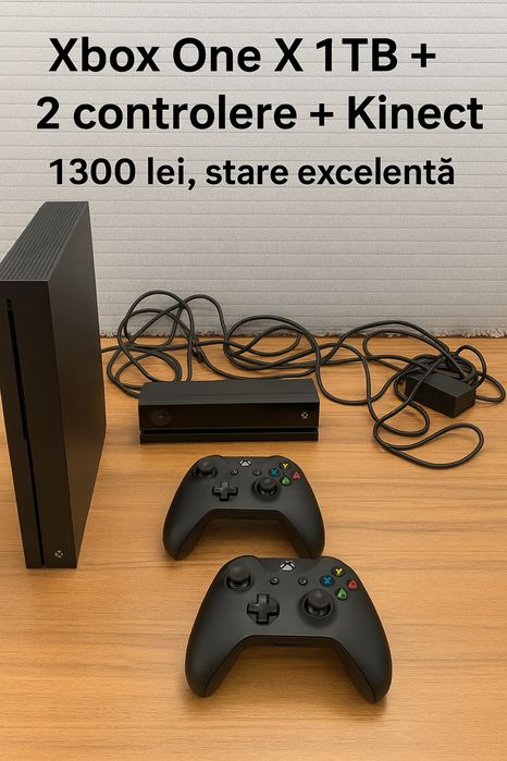 Vând Xbox One X 1TB + 2 controlere + Kinect + adaptor origina