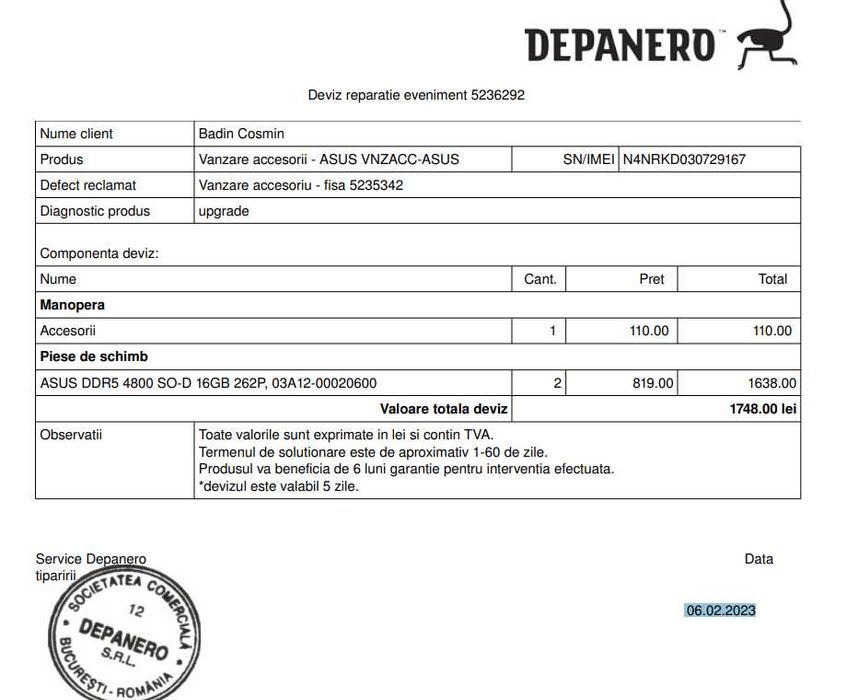 Kit 2 placute 32GB RAM Samsung laptop -  Asus DDR5 16GB 262P 4800 SO-D