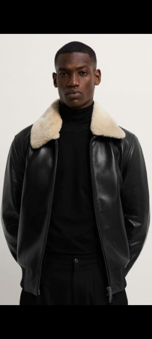 Geaca de piele naturala Aviator Zara cu guler detasabil blană ,L-XL