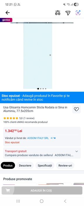 Vând ușă glisantă din sticlă – NOUĂ, sigilată.
Model modern, premium,