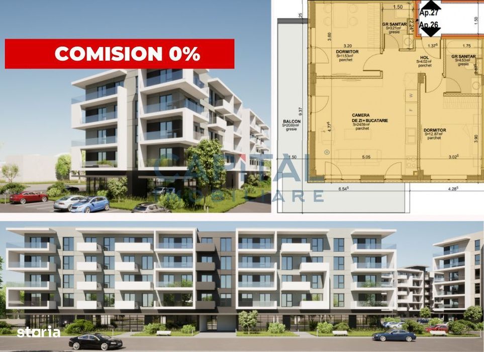Apartament de vanzare, 3 camere, etaj 2, lift, 93mpc, bloc nou, comisi