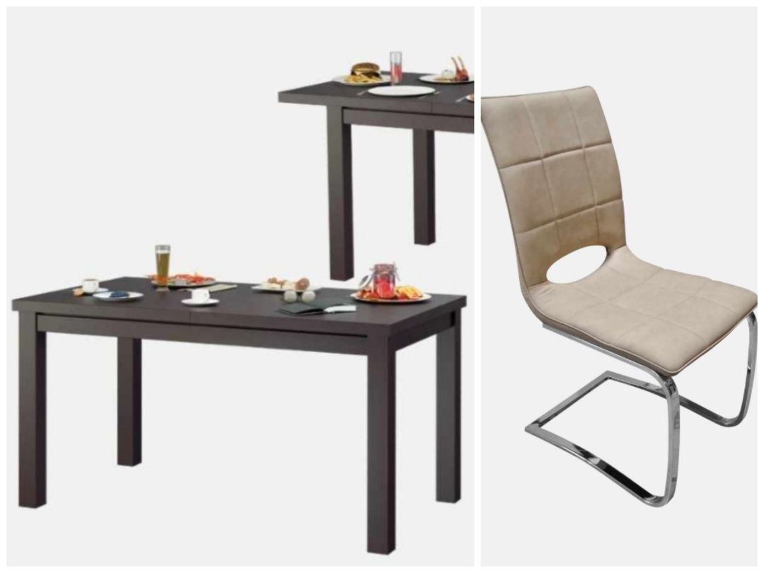 Set masa + 6 scaune capuccino cu cadru metal crom/tapițerie + Masă ext