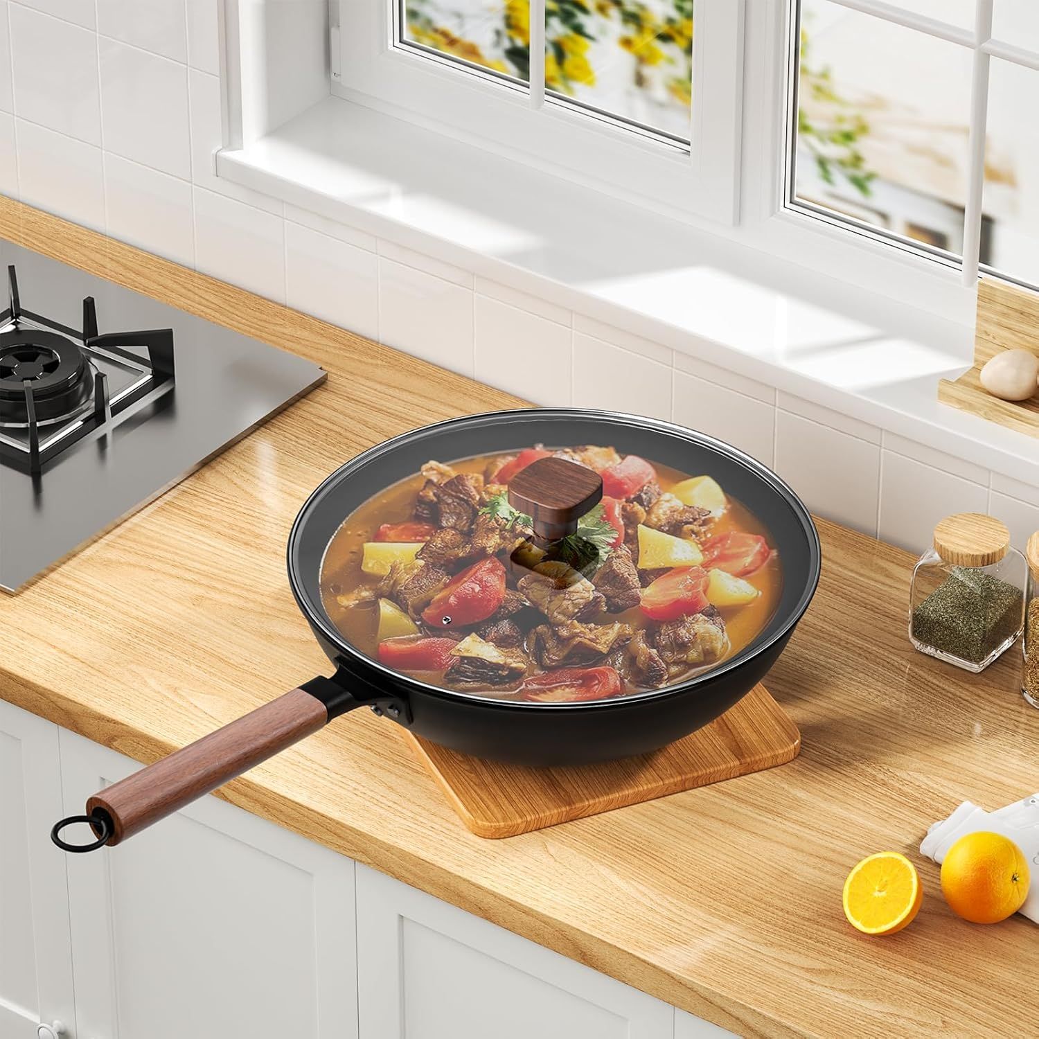 Tigaie wok otel carbon 33cm 5.6L cu capac pentru plita | 52Z9BJ