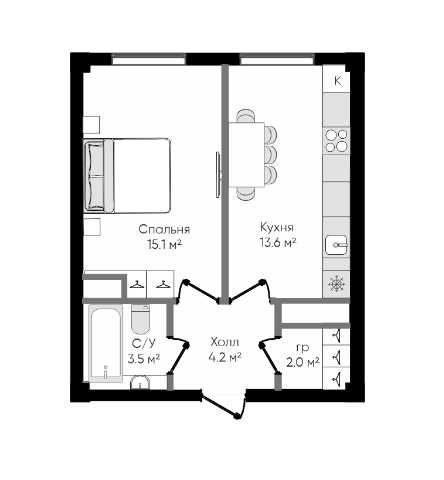 ЖК Fayzli hayot. 1-комнатная, 38.6 м². г. Ташкент, ТРЦ "Компас"
