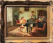 Scoala maghiara. Interior cu pianista. Merey L Ulei/pânză 80x60cm+Ramă