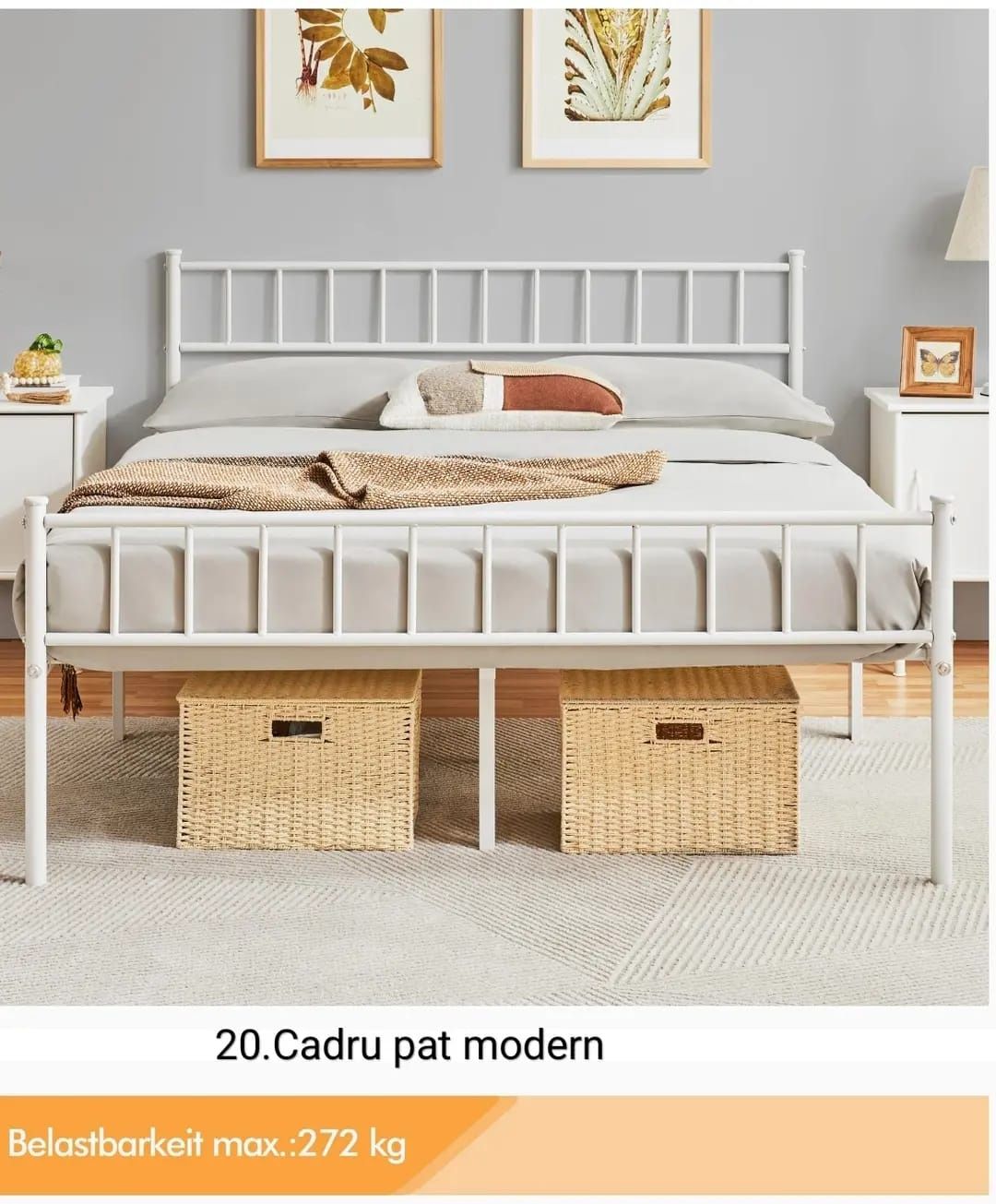 Cadru pat metalic 135x190 alb