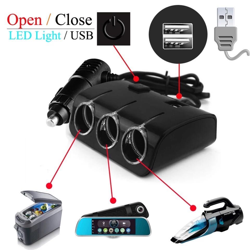 LED ТРОЕН Разклонител за запалка на автомобил 12V с USB зарядно кола