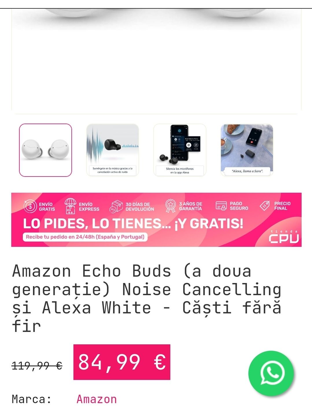Casti Amazon Echo Buds Alexa(a doua generatie), True Wireless, Alb
