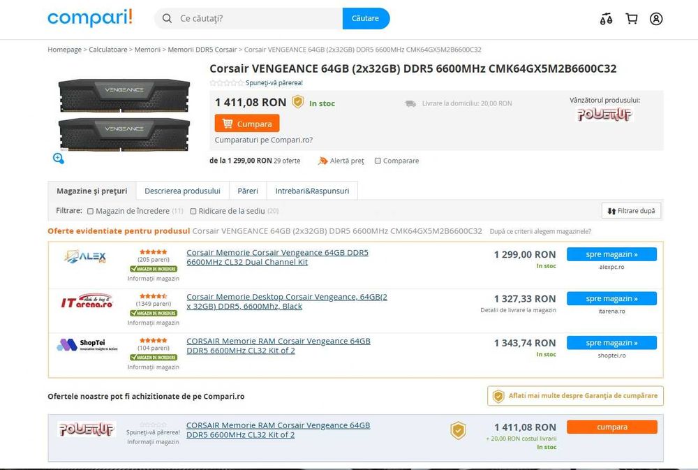 Memorie Corsair Vengeance 64GB DDR5 6600MHz CL32 Dual -sigilate , noi