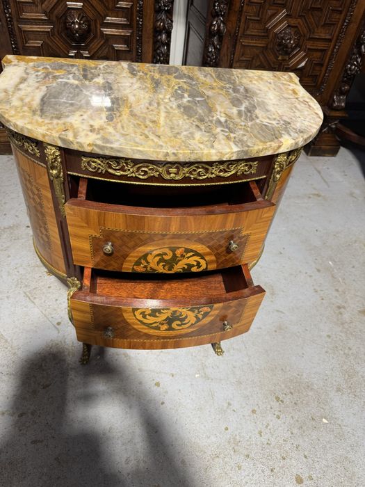 Comodina Louis XVI din lemn masiv, cu blat marmura, intarsii si bronz