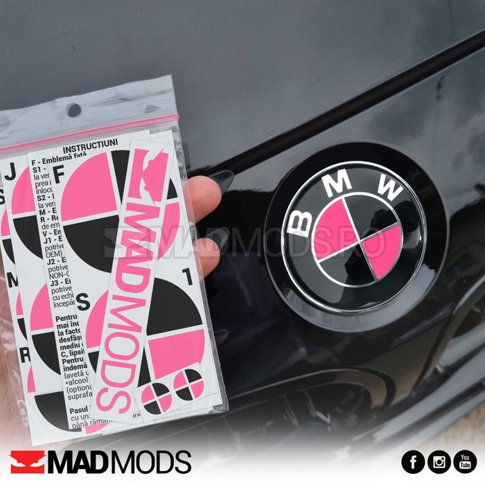 Set Stickere Embleme Negru cu Roz BMW Seria 1 2 3 4 5 6 7 8 X i M