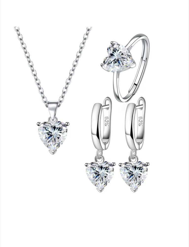 Set bijuterii femei, colier si cercei si inel, S925 argint, alb