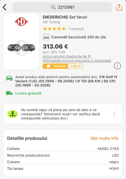 Vând set faruri HD Karosserieteile pentru Volkswagen Golf4-angel eyes