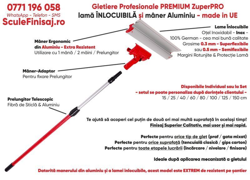 KIT Gletiere Profesionale ZuperPRO INOX maner ALU 25/40/60/80/100 cm