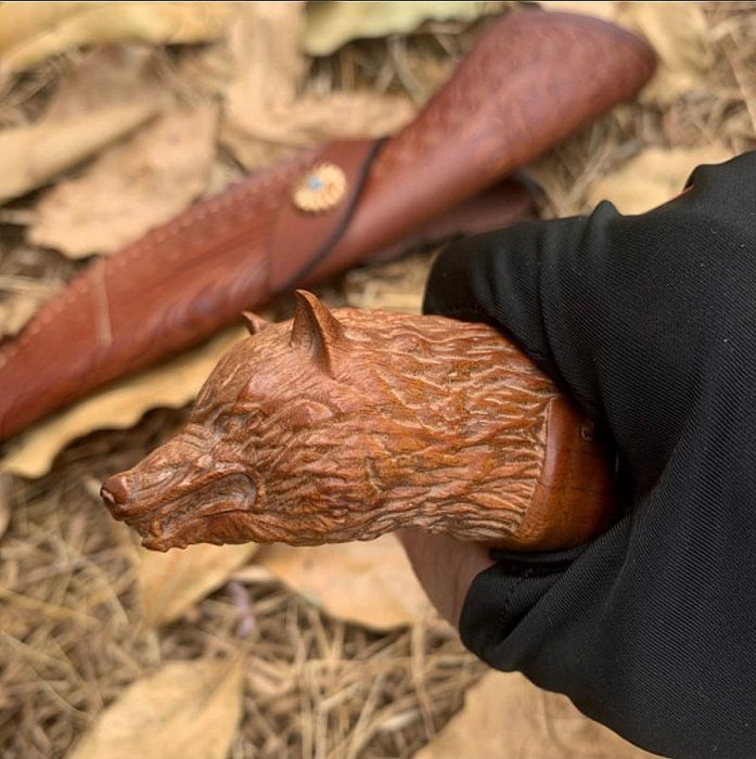 Японски ловен нож MYATO WOOLF DAMASK с кожена кания,LN429