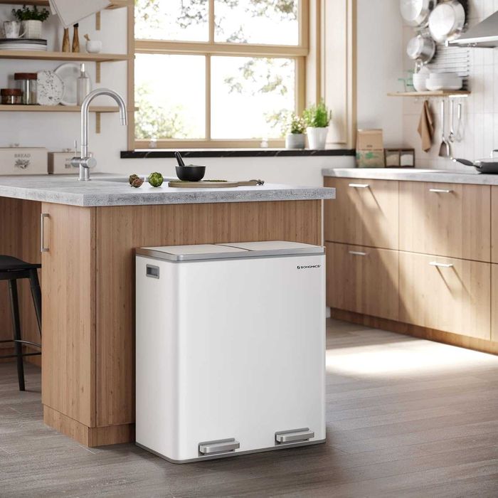 Cos gunoi dublu SONGMICS, 2x30L, cu pedale si galeata detasabila, alb