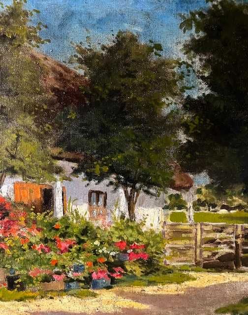 SUPERB! Școală maghiară-”Curte înflorită” TABL0U f VECHI,  u/pz 70x55