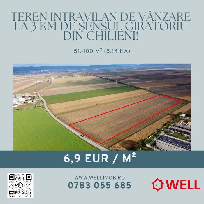 Teren intravilan de vânzare la 3 km de sensul giratoriu din Chilieni!