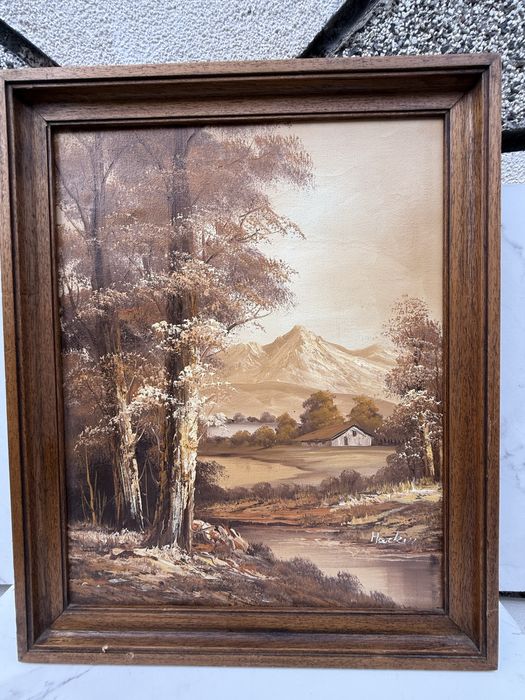 Маслена картина „Планински пейзаж“ с дървена рамка, Френски внос