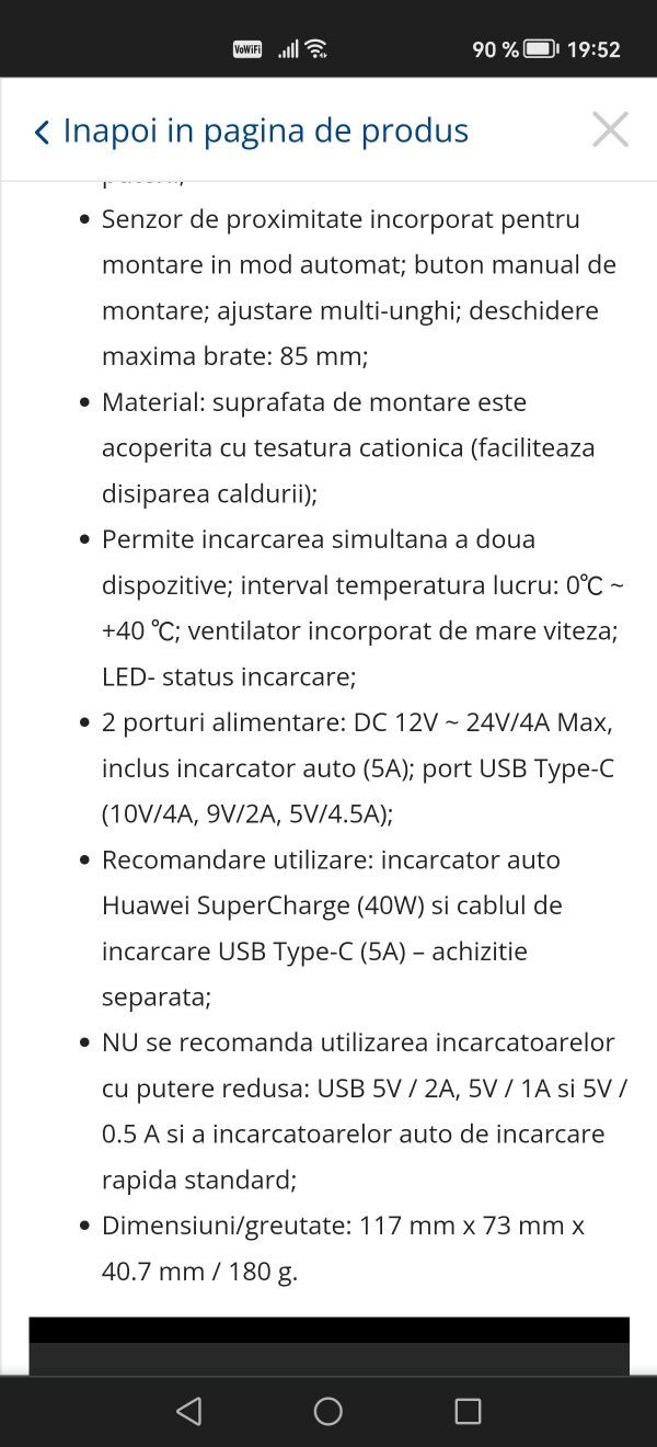 Suport auto wireless Huawei/Samsung/Apple