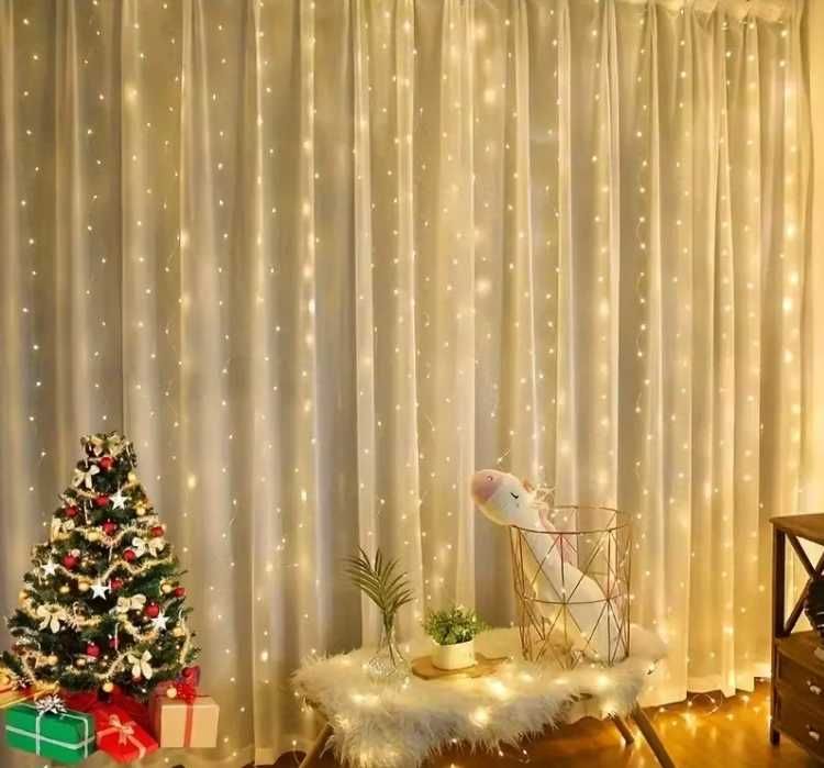 Коледни LED лампички завеса – 3x2м, дистанционно и USB с 8 програми