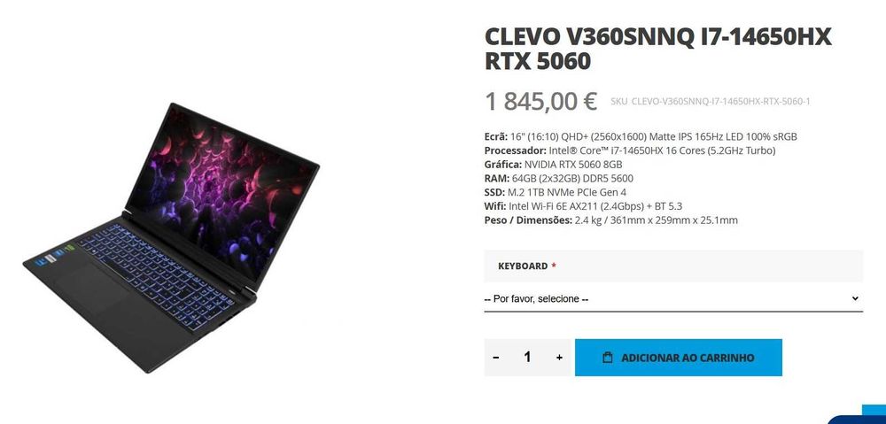 Laptop Gaming Clevo, 16", i7-14650HX, RTX 5060, 16GB DDR5, 1TB SSD,