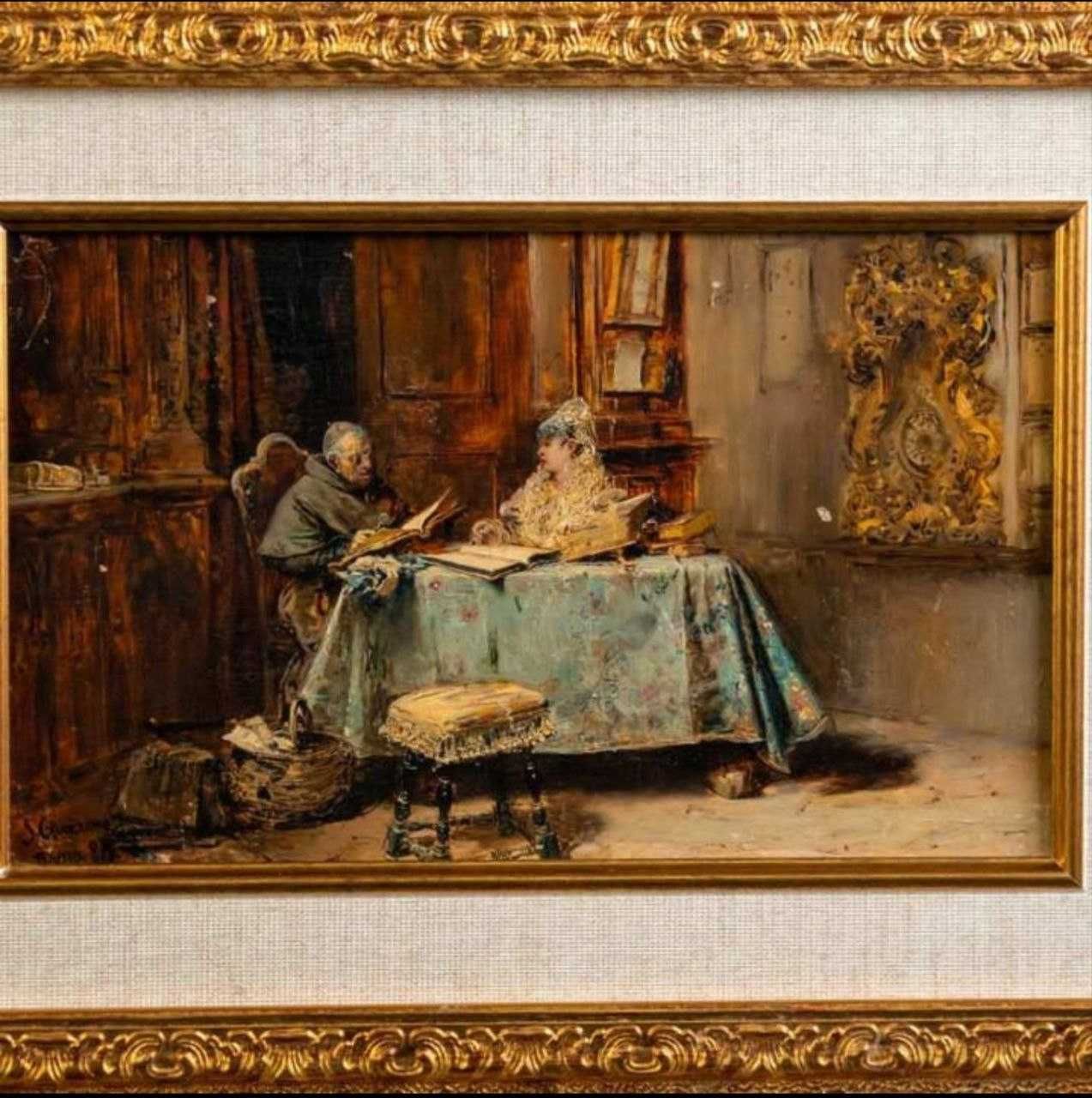 картина, масло.Кардинал за столом с компанией». Италия, Рим, 1885 г
