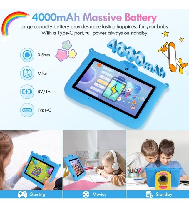 Tableta pentru copii, 7 inch, Android 13, 3-12 ani, albastra sau roz