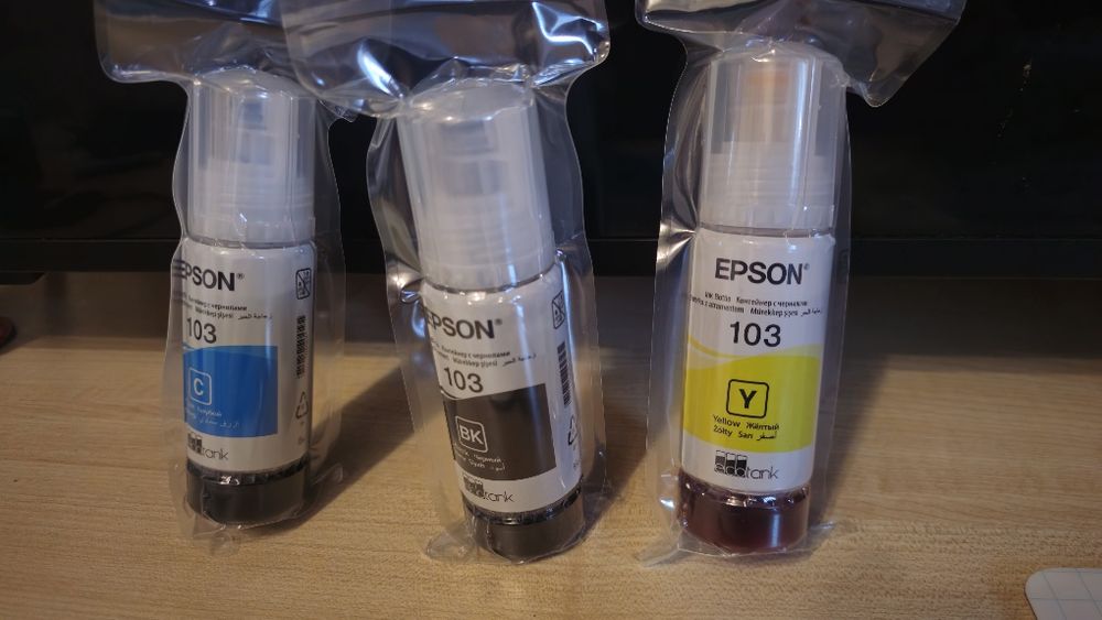 Оригинальные чернила Epson 103 (BK, C, Y) — новые, запечатанные