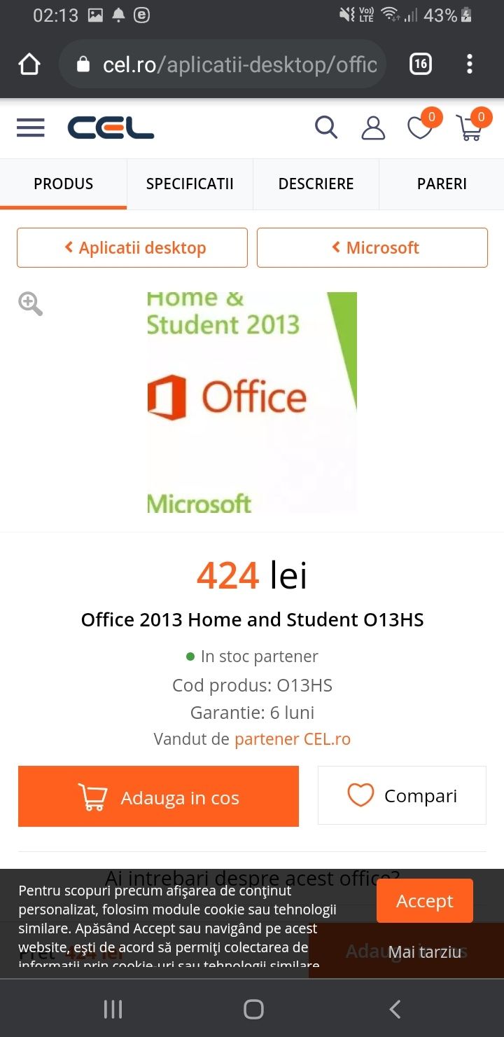 Microsoft Office 2013 Home & Student Medialess ORIGINAL NOU NEFOLOSIT