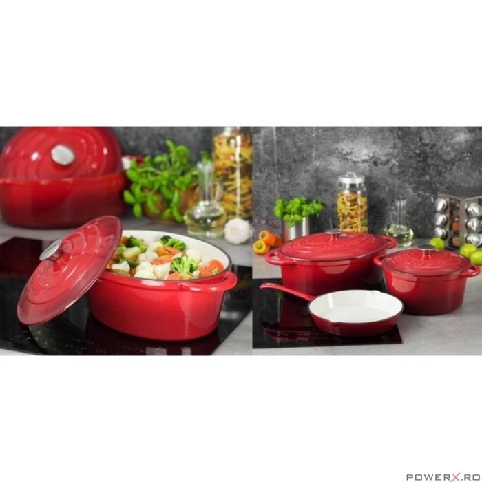 Oala din fonta emailata 6.2 litri, 33cm ovala, cratita cu capac, rosu,