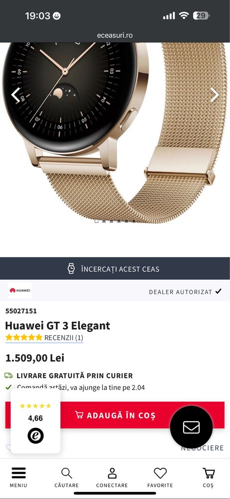 Ceas smart Huawei Watch GT 3 Elegant - Smartwatch Huawei