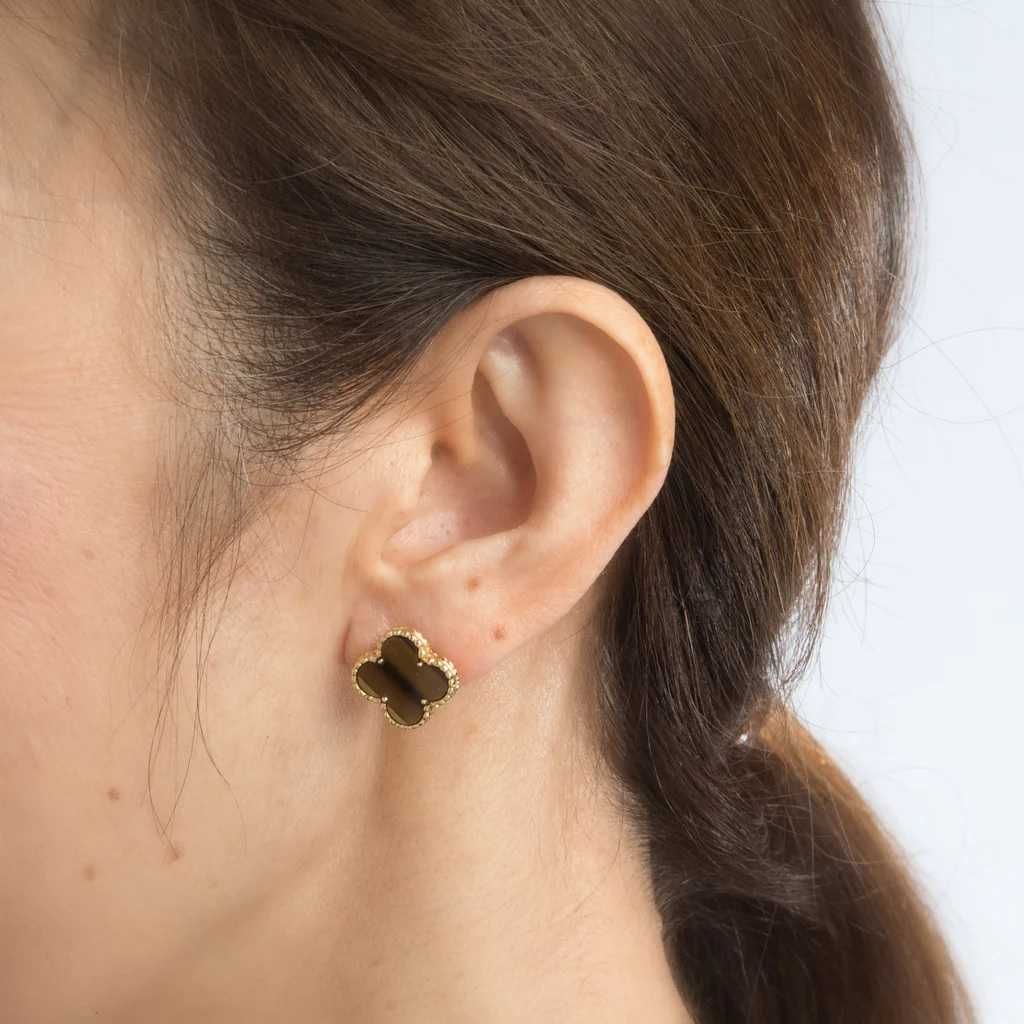 Van Cleef & Arpels VCA Gold Tiger Eye Alhambra Clips Дамски Обеци