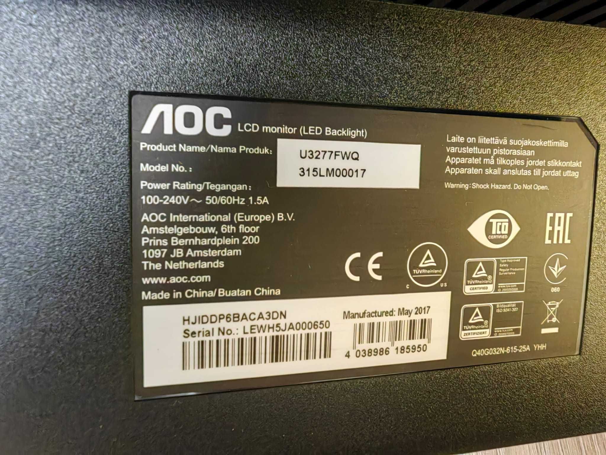 Monitor AOC U3277FWQ 31,5inch AMVA UltraHD D-Sub DVI HDMI
