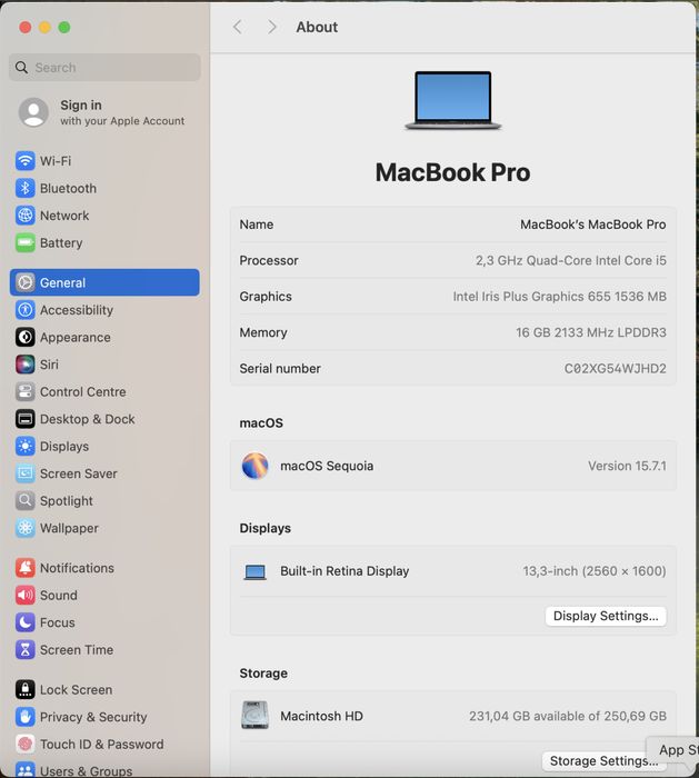 MacBook Pro 13-inch 2018, 2,3GHz, 16GB RAM, 256GB A1989