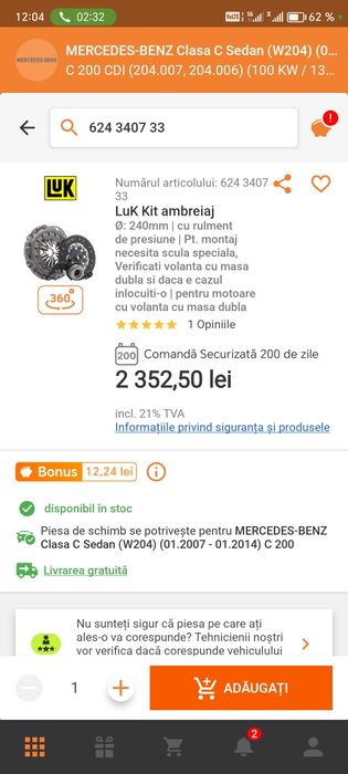 Ambreiaj nou Mercedes-Benz w204 136cp