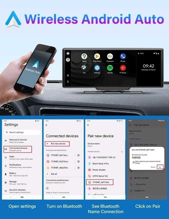 10.26" Carplay и Android Auto Навигация Видеорегистратор 4К