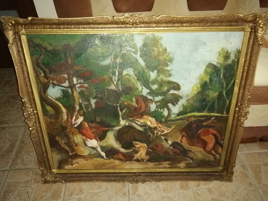 tablou pictura ulei pe carton Cruciada inramat 1992 dimensiune mare