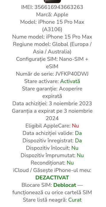 Iphone 15 pro max, 256GB, baterie 100%, 33 cicluri, CA NOU