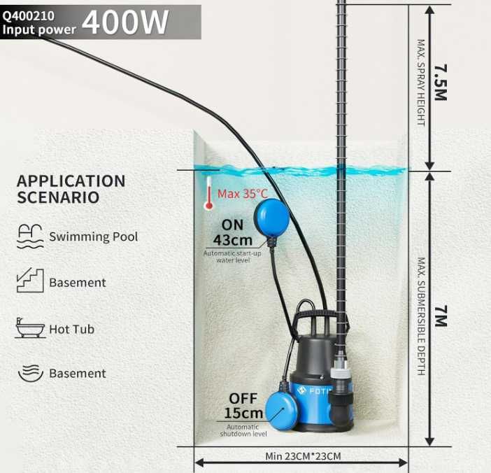 Потопяема водна помпа 400 W 8000 l/h за източване на басейн