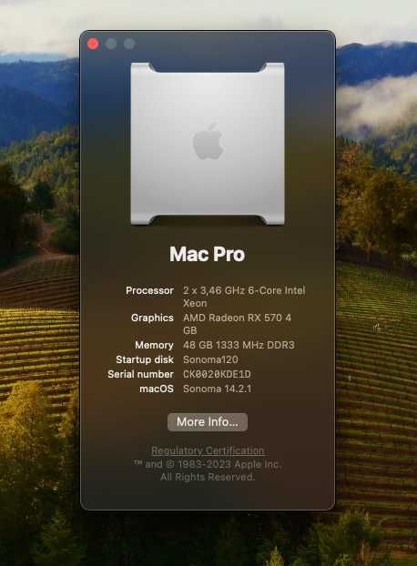 MacPro 5.1 2010 dualX5690, 48GB ram, RX570, dual boot Sonoma+Win11