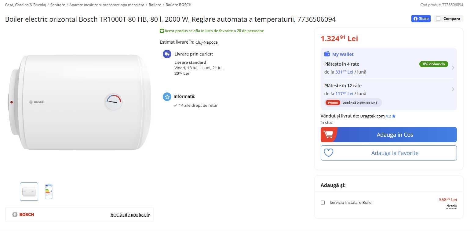 Vand Boiler electric orizontal Bosch TR1000T 80 HB, 80 l, 2000 W