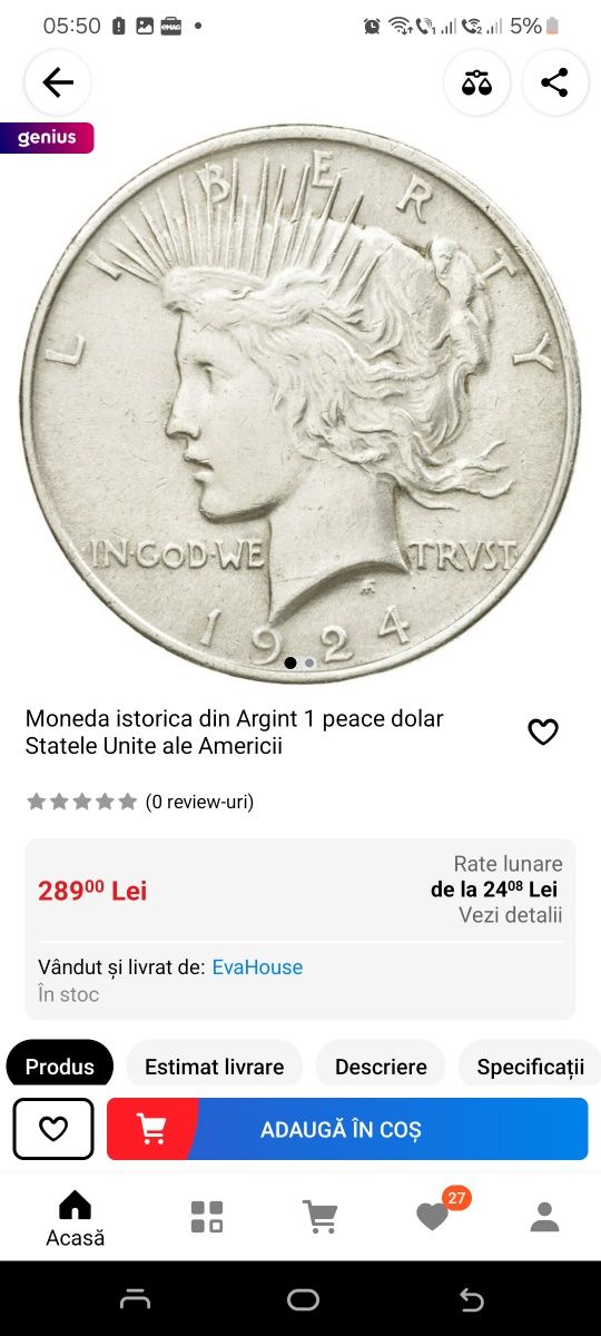 Vand moneda argint 1 dolar 1922 1923 Peace dollar