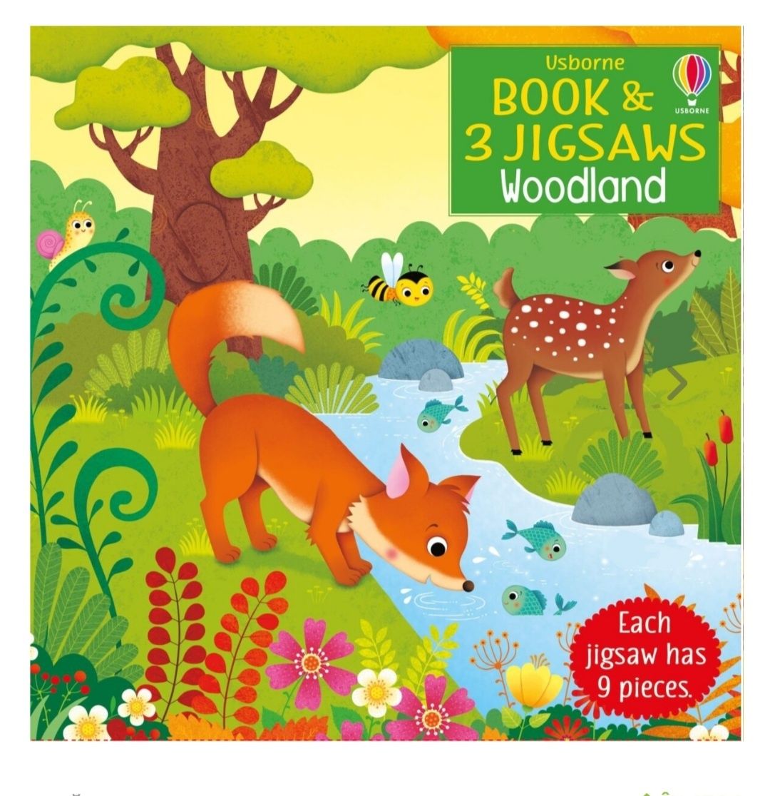 Usborne Carte și 3 puzzle-uri – Book & 3 Jigsaws: Woodland noua tipla