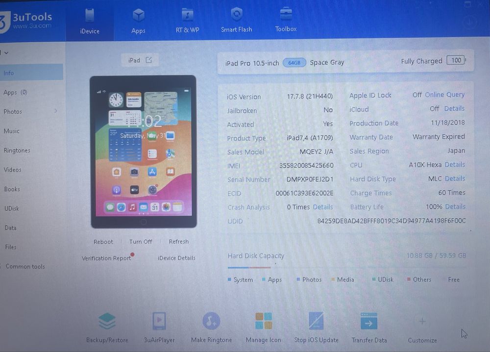 Аpple Ipad Pro 10.5 Space Grey 100%Battery