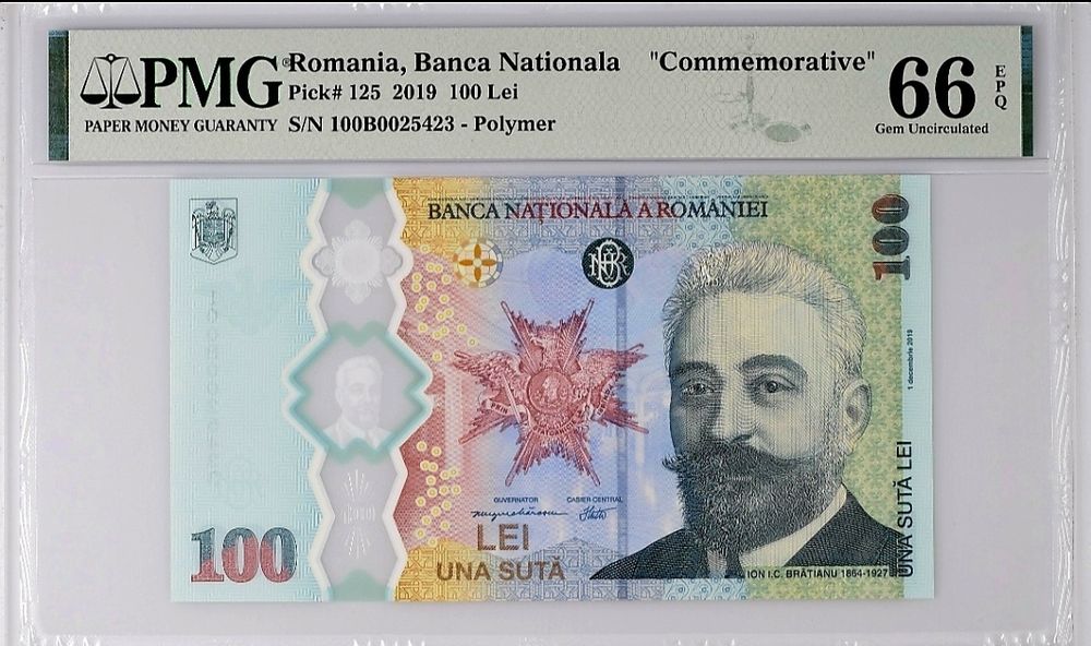 Bancnota gradata PMG Comemorativa 100 lei 2019 Bratianu