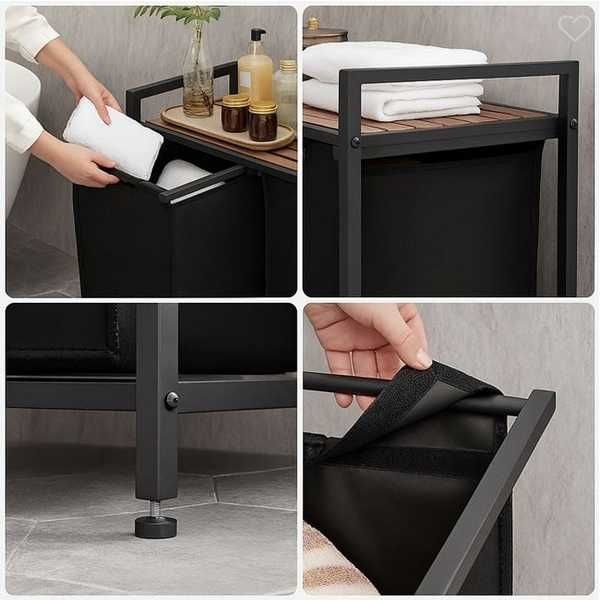 Декоративен кош за пране с дървен рафт Mercado Trade, Метал, Черен